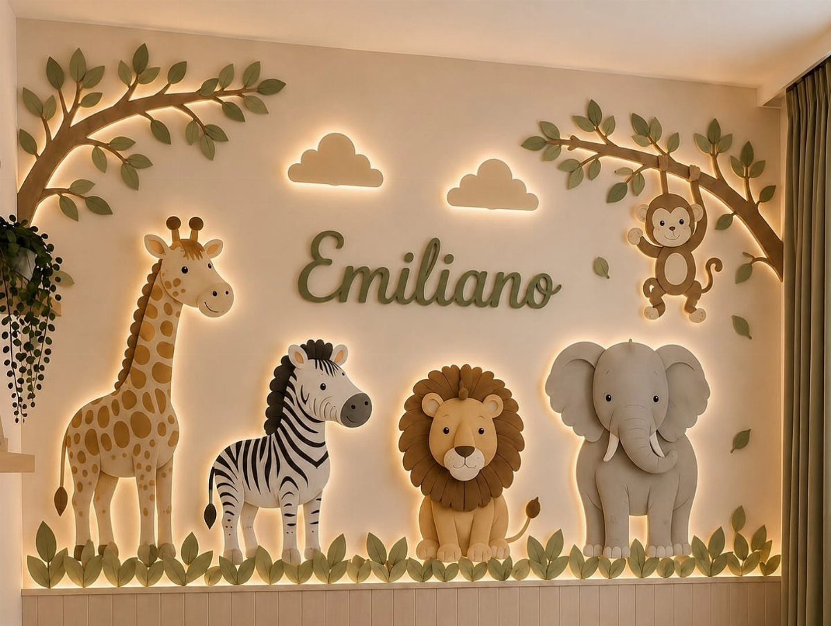 Backlit animal figures and the name Emiliano on a nursery wall.