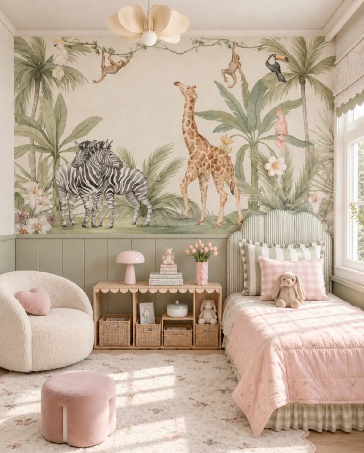Child's bedroom with floral safari animal wallpaper, pink bedding, and cozy white furniture.