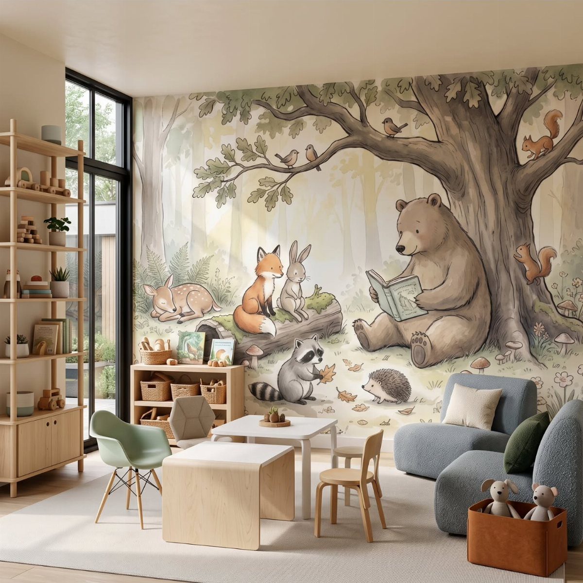 Child's room with a woodland creatures wall mural and light wood furniture.