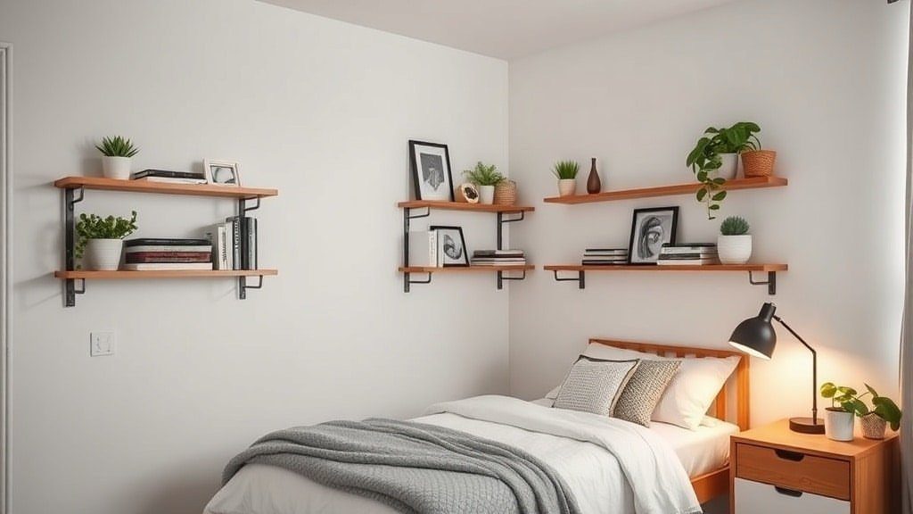 Wooden floating shelves with plants and books mounted on walls above a bed.