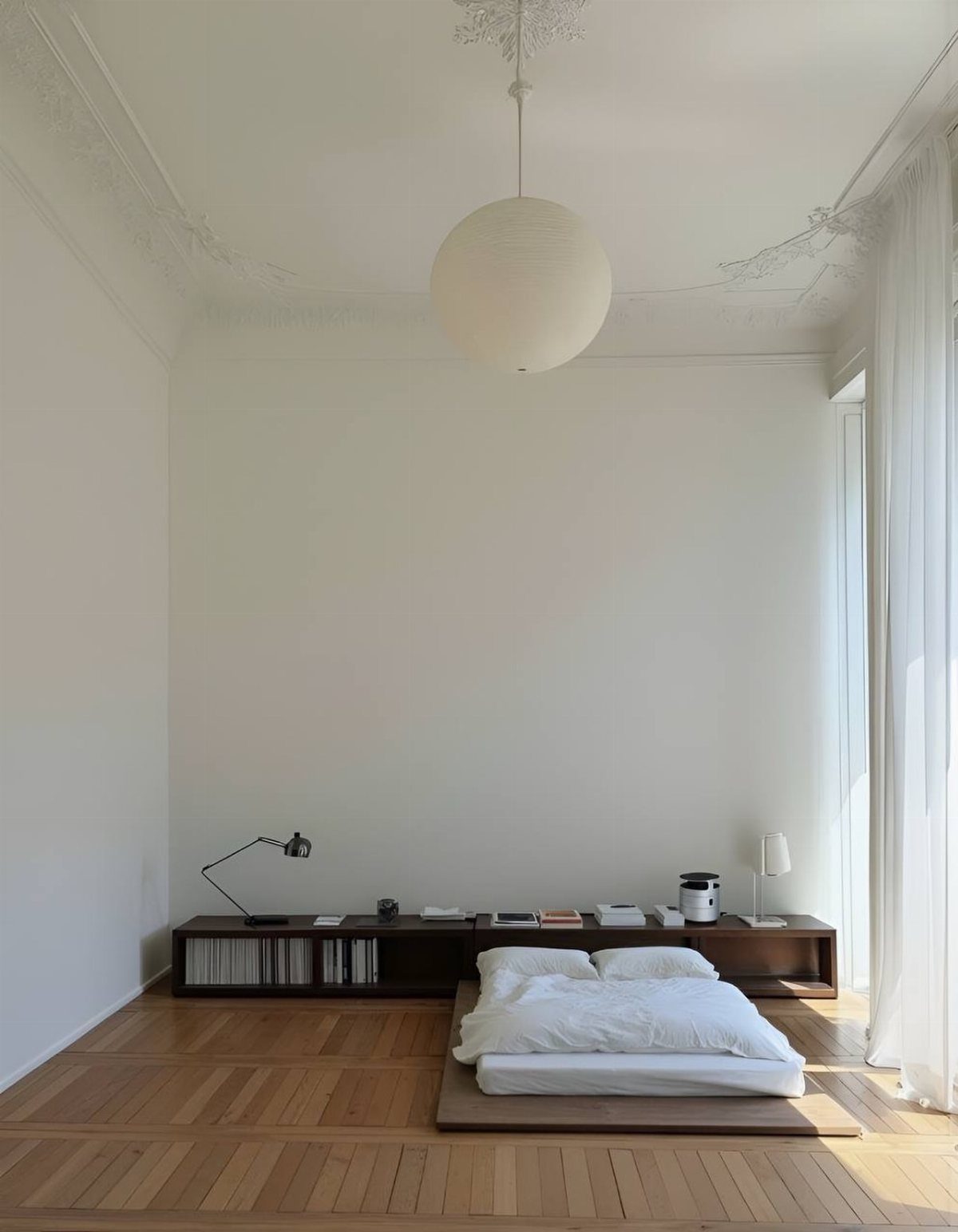 Low-profile platform bed with white bedding in a minimalist white room with wood floors.