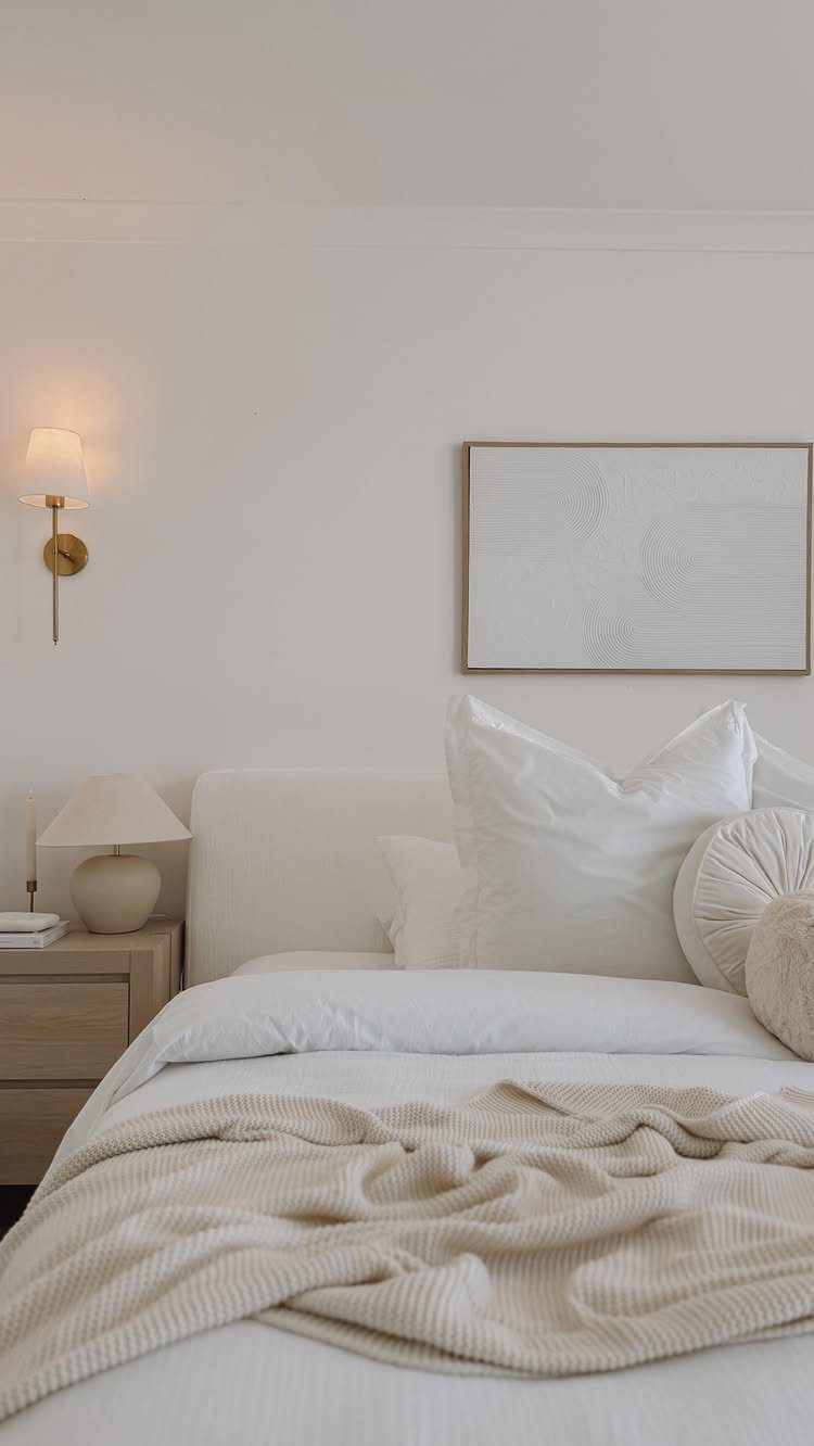 White bed with a gold wall sconce and framed art on white wall