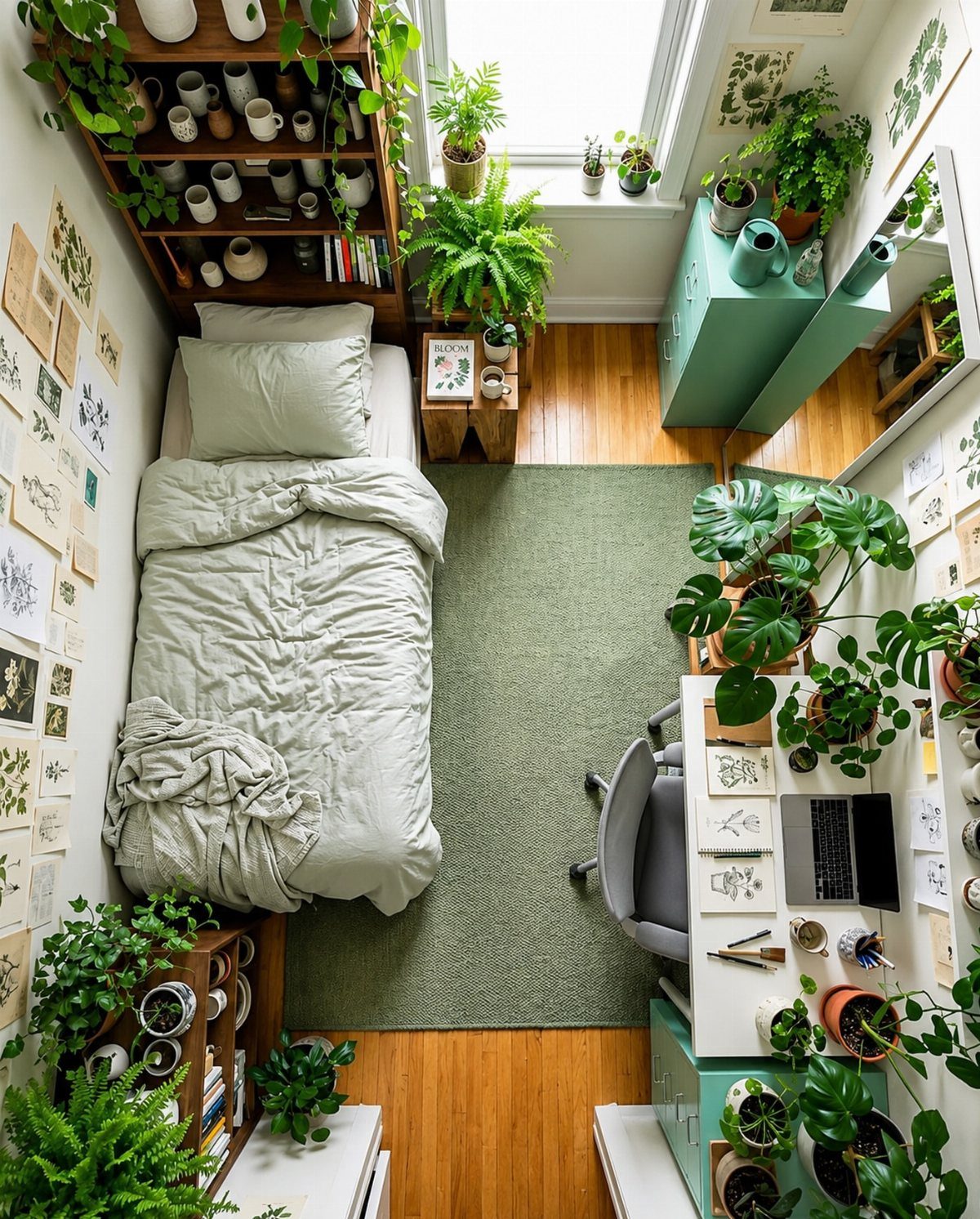 Small bedroom with a bed, desk, and many lush green potted plants.
