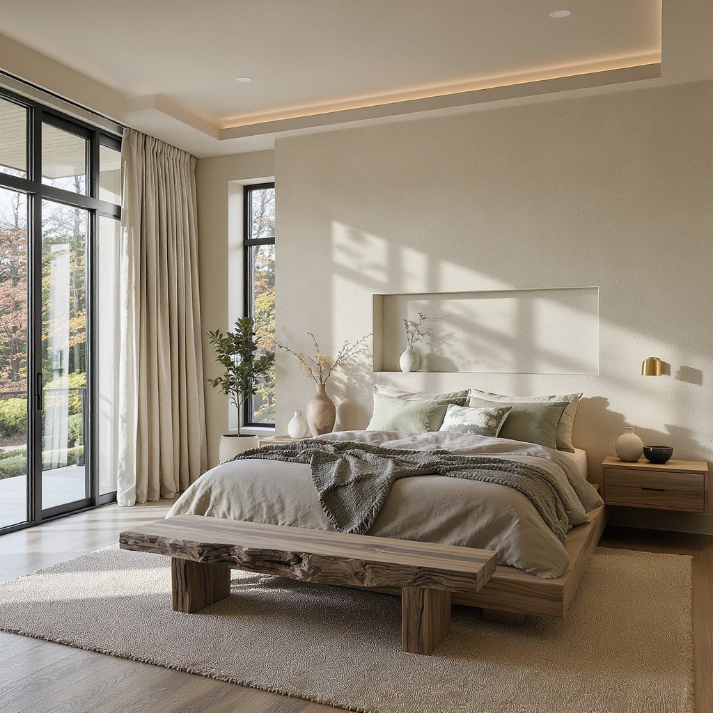 Rustic wooden slab bench at the foot of a modern neutral bedroom bed
