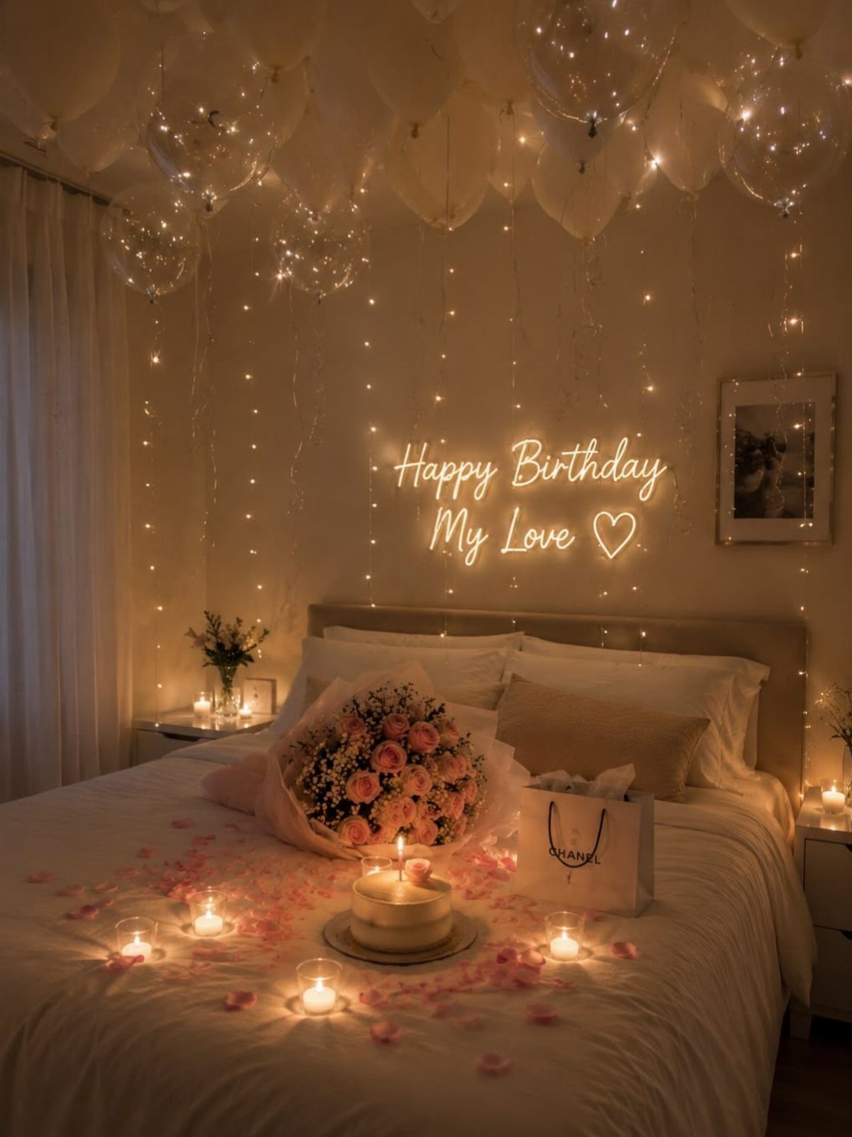 Bed decorated with pink roses, cake, candles, and fairy lights for a birthday.