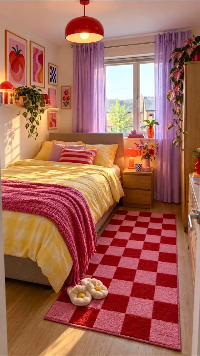 Bed with yellow checkered bedding and pink throw in a colorful bedroom.