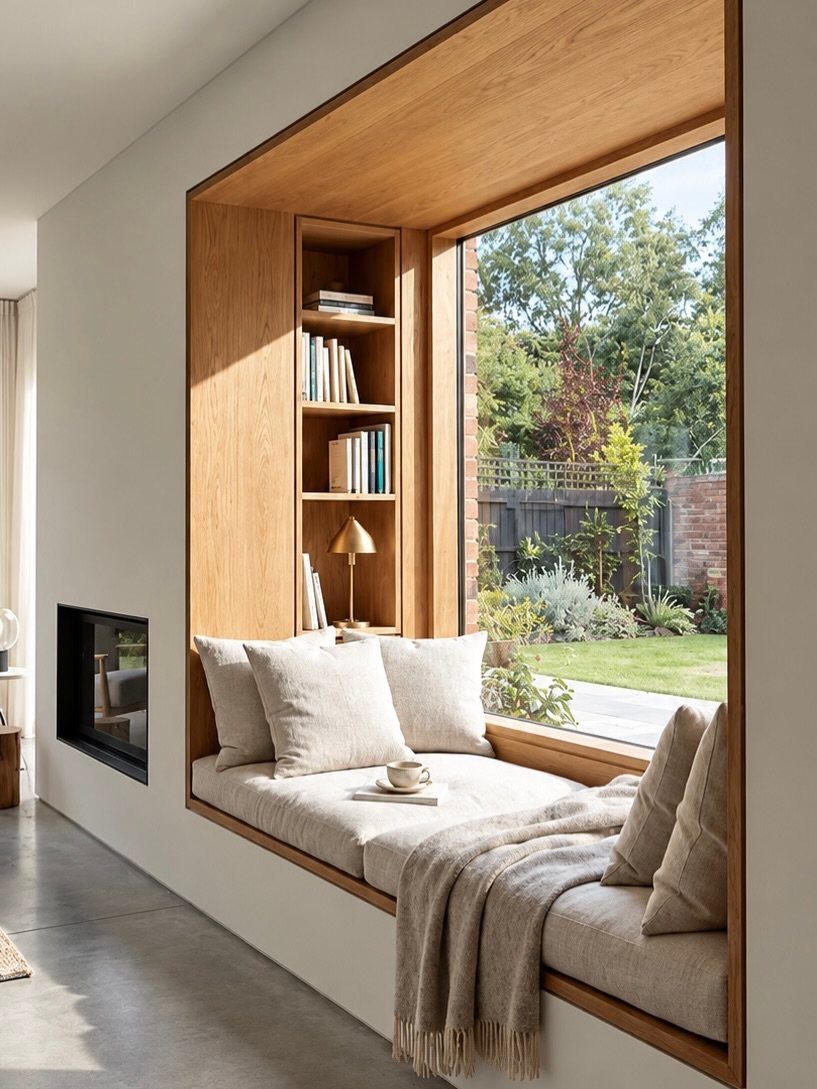 Wooden window nook with beige cushions, pillows, and built-in bookshelves overlooking a garden.