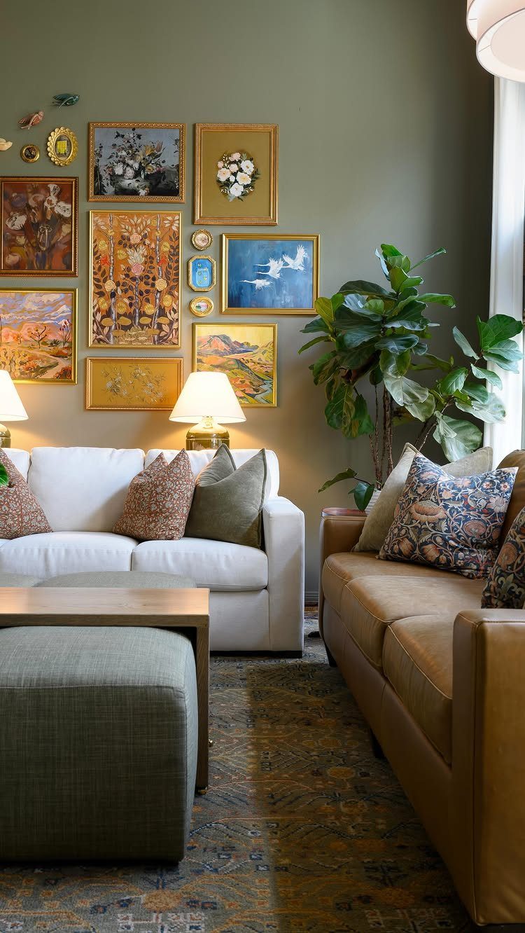 Living room with olive green walls, white and leather sofas, and gallery wall.