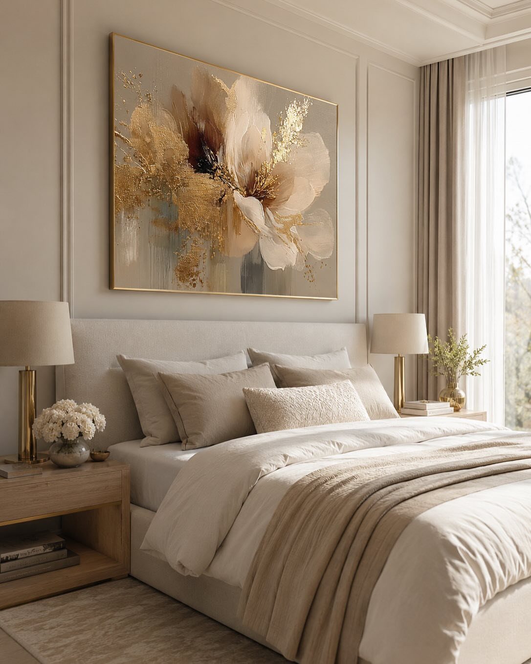 Large abstract gold painting hanging on the wall above a neutral bedroom bed.