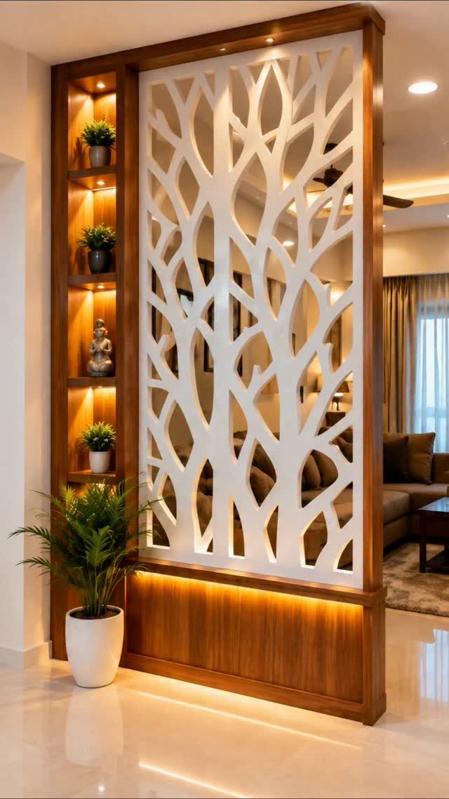 Wooden room divider with white decorative cutout pattern separating a living room area.