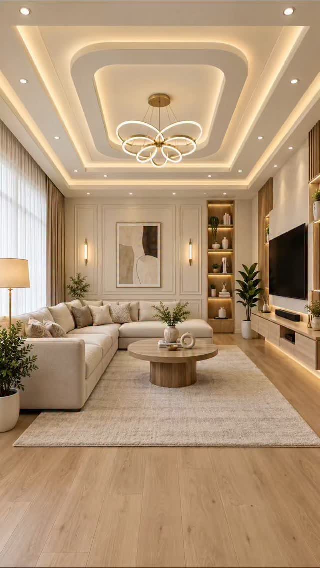 Modern living room featuring layered lighting with a chandelier and recessed ceiling glows.