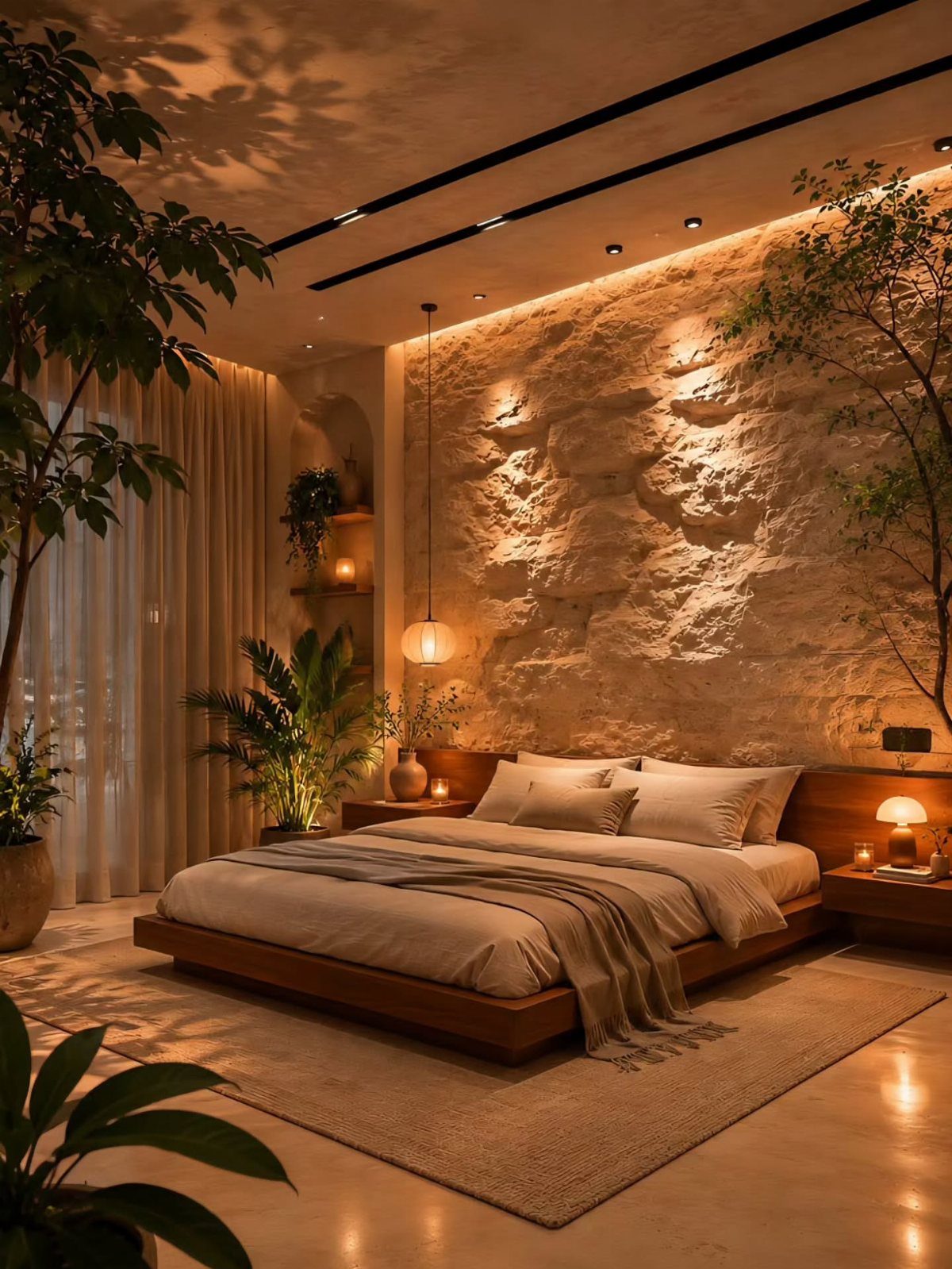 Modern bedroom with a stone feature wall, wooden bed, and lush green houseplants.