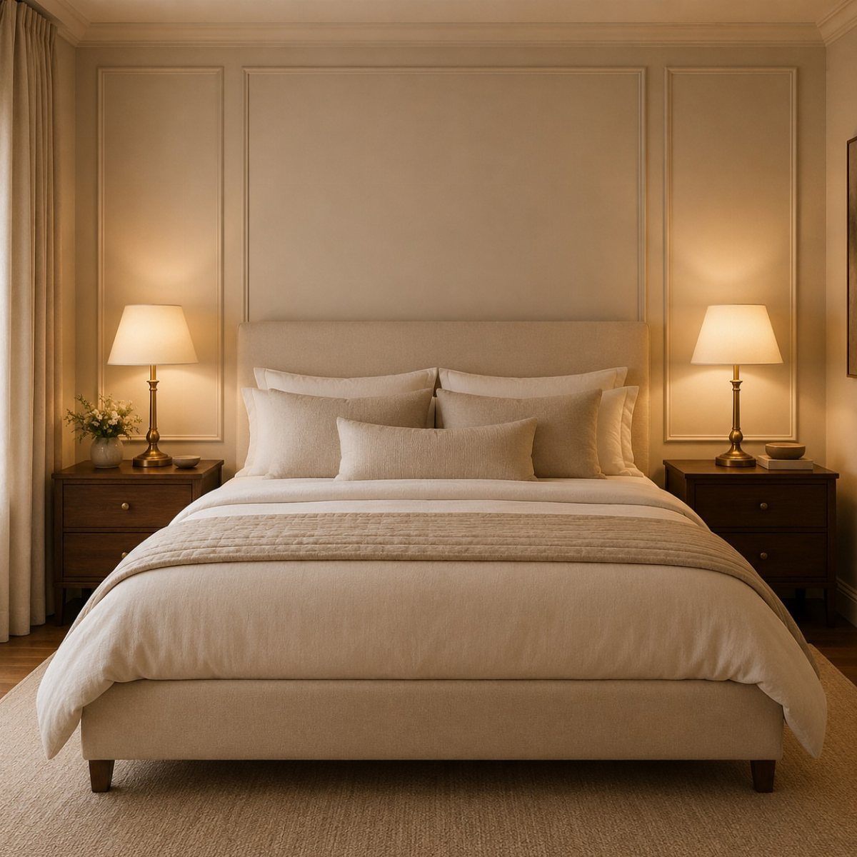 Symmetrical bedroom arrangement with a centered bed and matching nightstands with lamps.