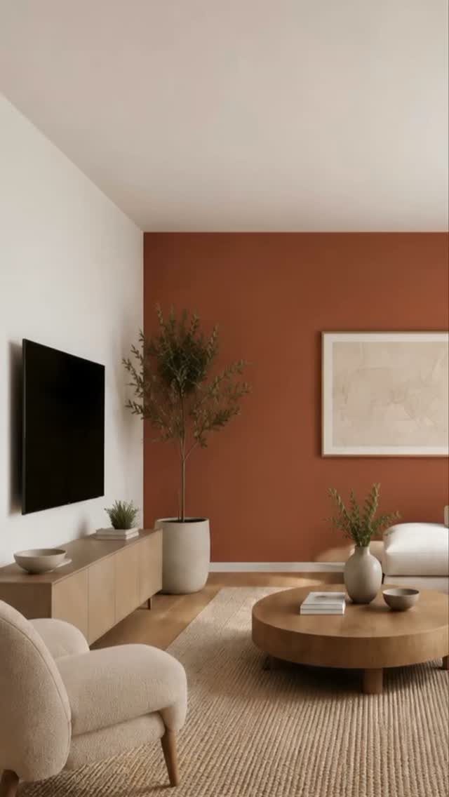 Modern living room with a terracotta accent wall, wooden furniture, and indoor plants.