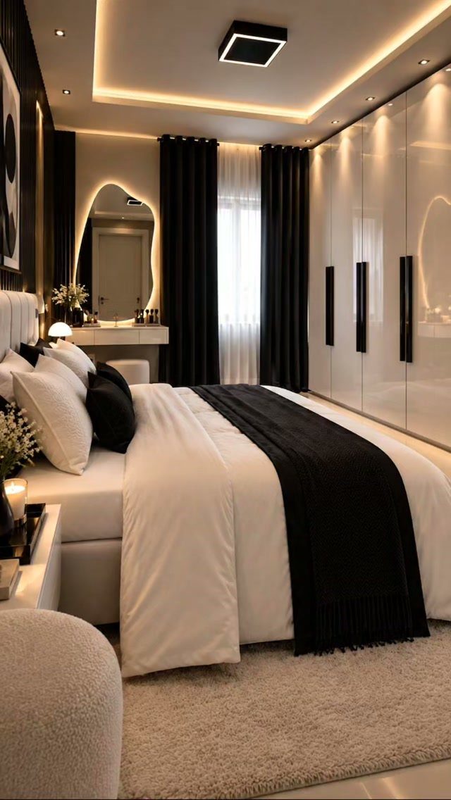 Modern bedroom with white bedding, black accents, glossy wardrobes, and warm ambient lighting.