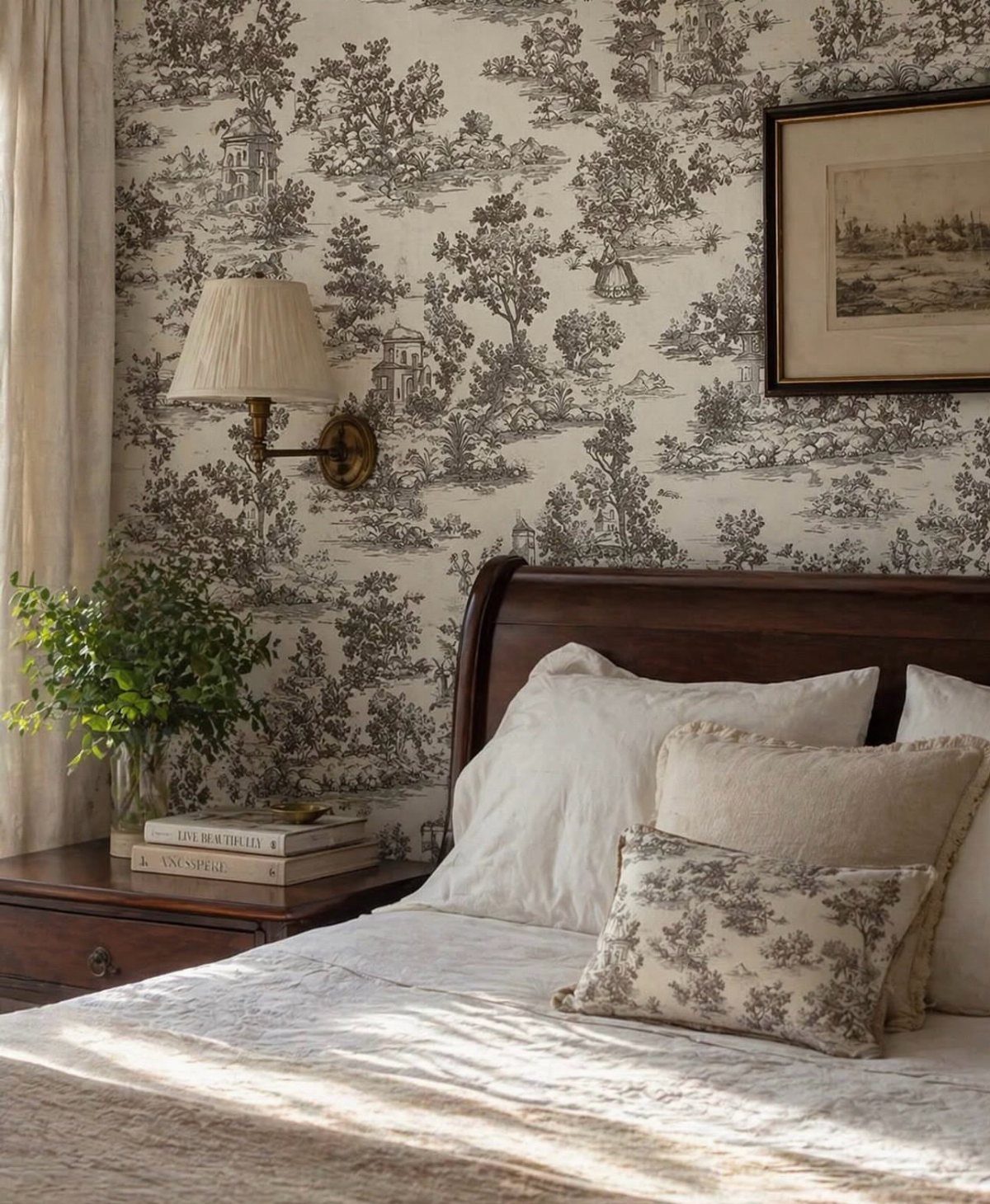 Bedroom with black and white toile wallpaper, dark wood bed, and white linens.