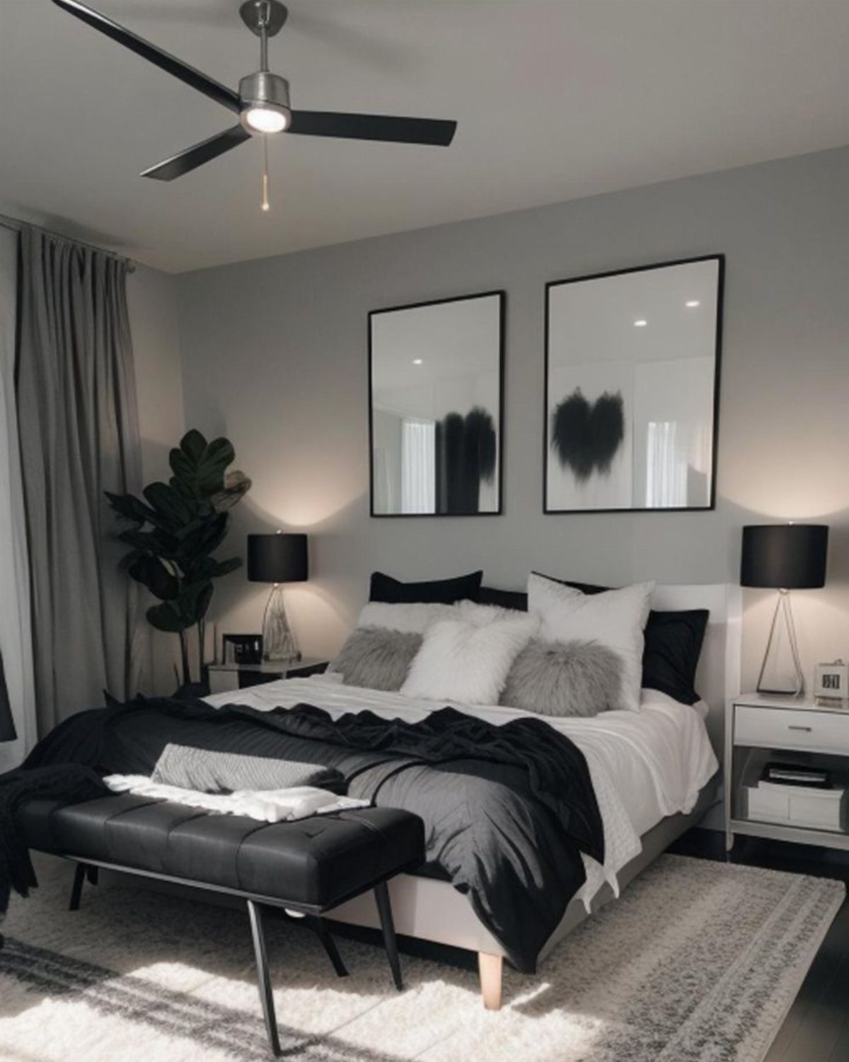 Modern bedroom with two oversized black and white abstract photos above the bed.