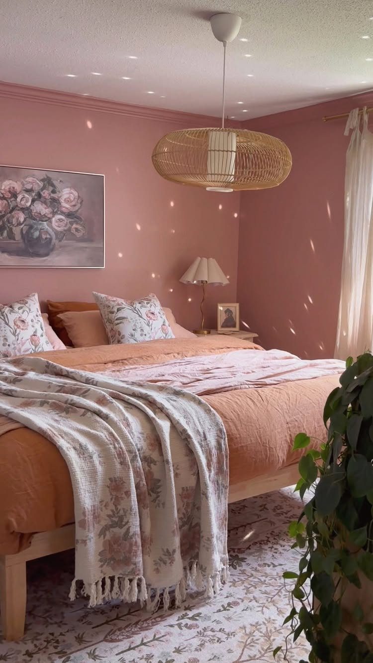 Bedroom with rose walls, peach bedding, floral pillows, and a woven pendant light.