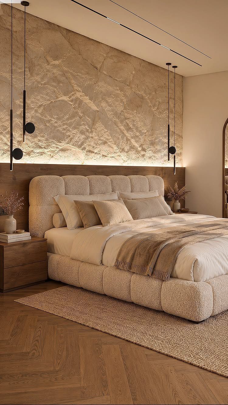 Modern bedroom with stone wall, fabric bed, wooden floors, and black metal lighting.