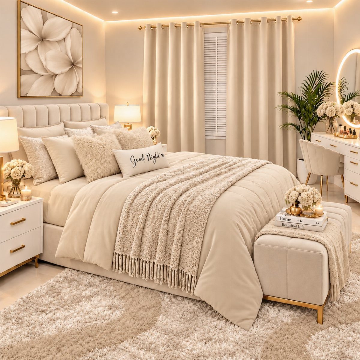 Beige bedroom with plush bedding, cream curtains, and a soft white shag rug.