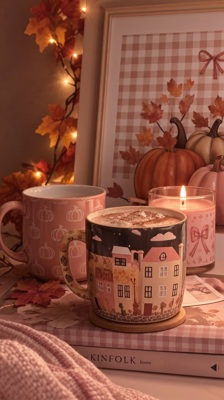Two mugs of hot chocolate and a lit scented candle beside autumn decorations.