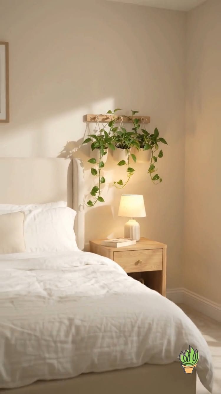 Trailing green houseplants hanging from a wooden shelf above a white bed.
