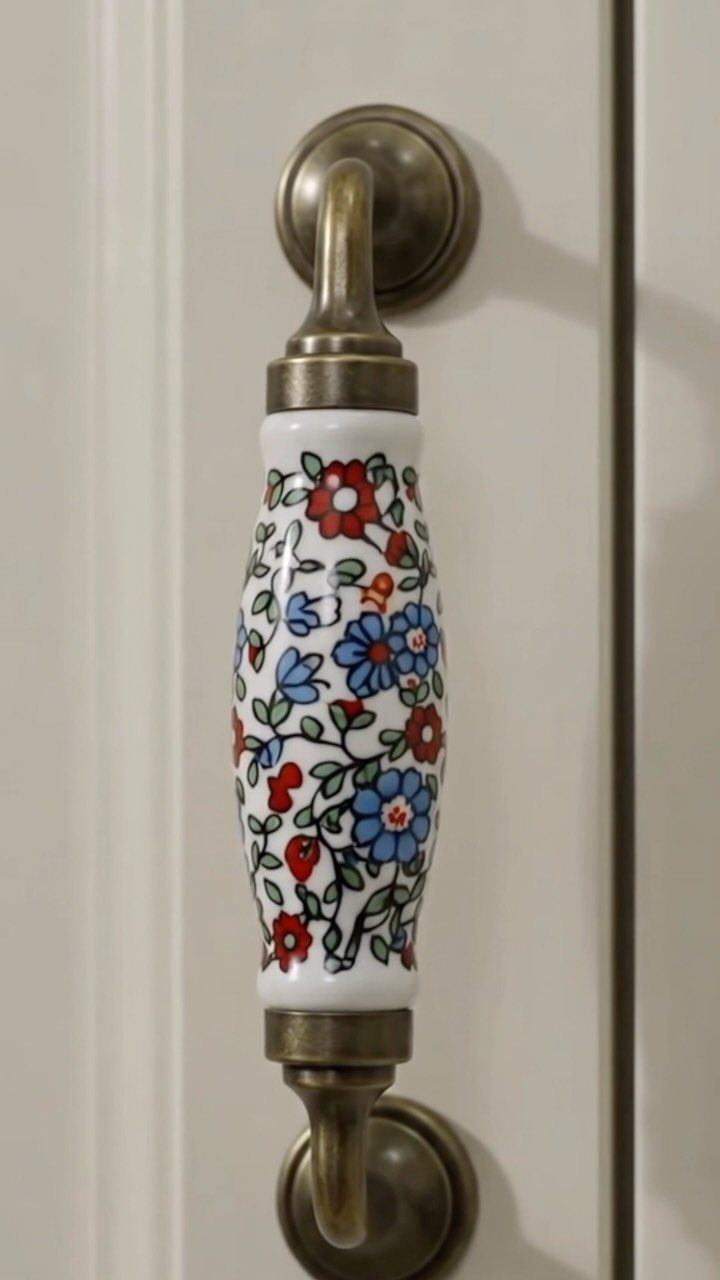Decorative furniture handle with floral ceramic center and antique brass metal ends.