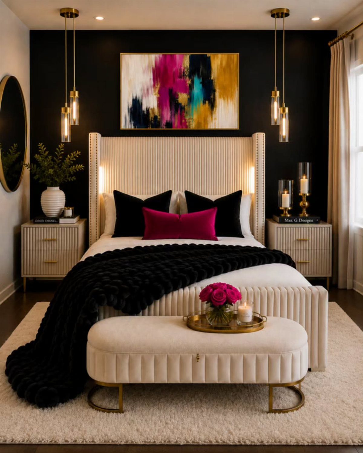 Luxurious bedroom with a black accent wall, cream furniture, and gold lighting.