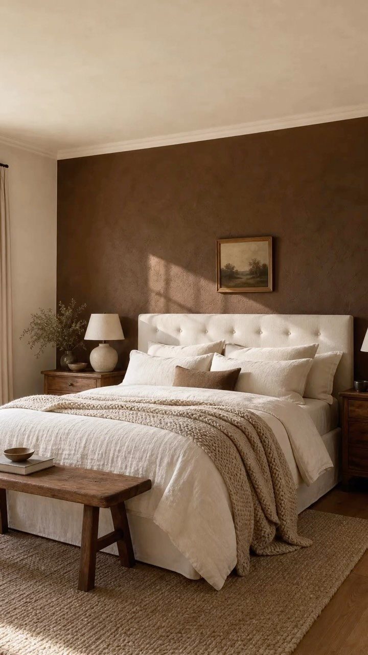 Chocolate brown accent wall in a bedroom with white bedding and wooden furniture.