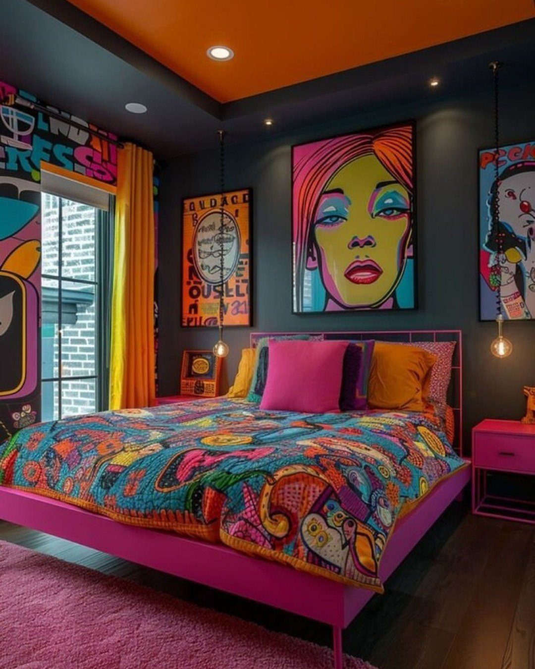 Vibrant bedroom with colorful patterned bedding, pop art, and a graffiti wall mural.