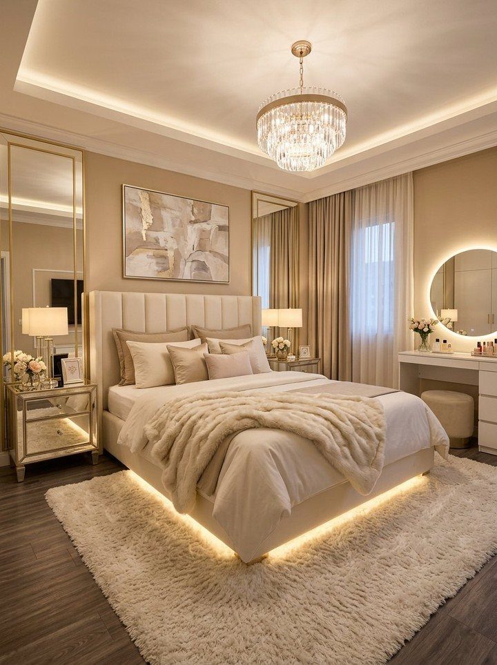 Cream-colored bedroom walls with a luxury bed, crystal chandelier, and plush white rug.