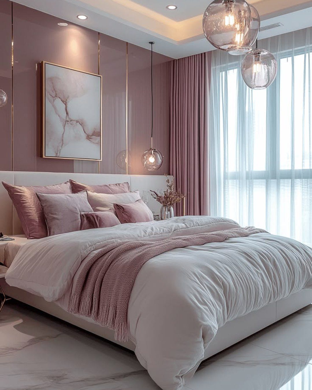 Dusty pink bedroom walls and bedding with gold accents and glass pendant lighting.