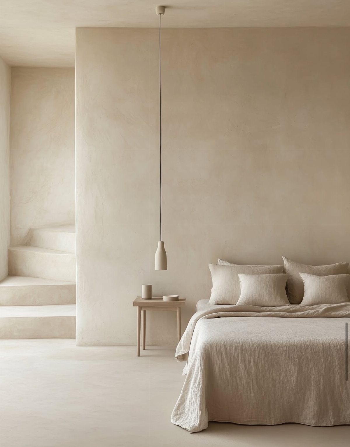 Minimalist bedroom with beige lime plaster walls, linen bedding, and a pendant light.