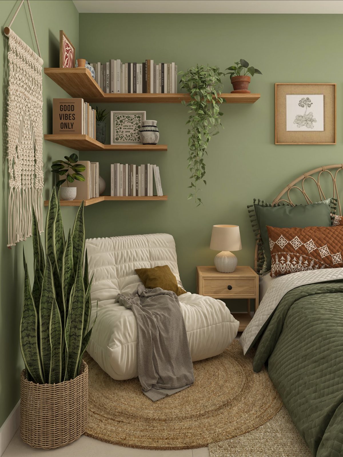Sage green bedroom walls with wooden shelves, white lounge chair, and indoor plants.