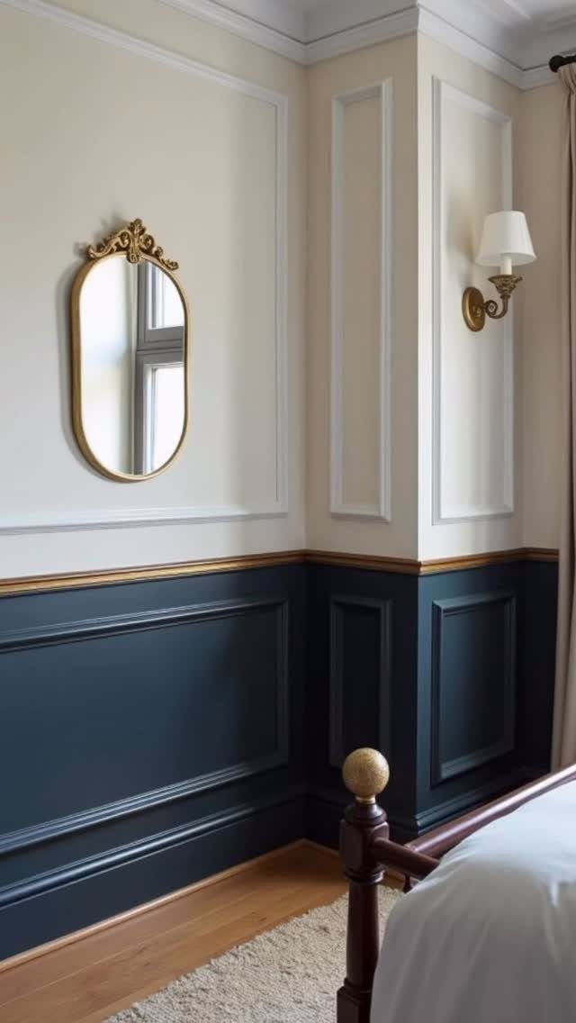 Two-toned bedroom walls with cream upper paint and dark navy blue wainscoting.