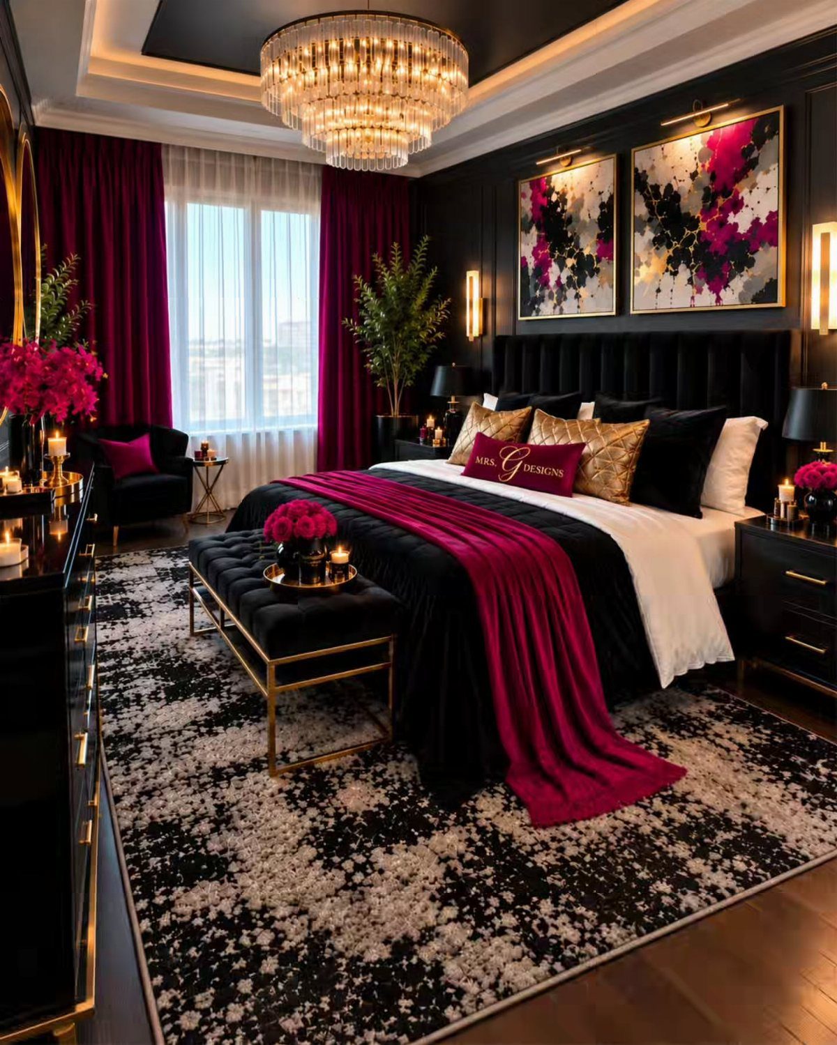 Luxurious bedroom with black walls and ceiling, magenta accents, and a crystal chandelier.