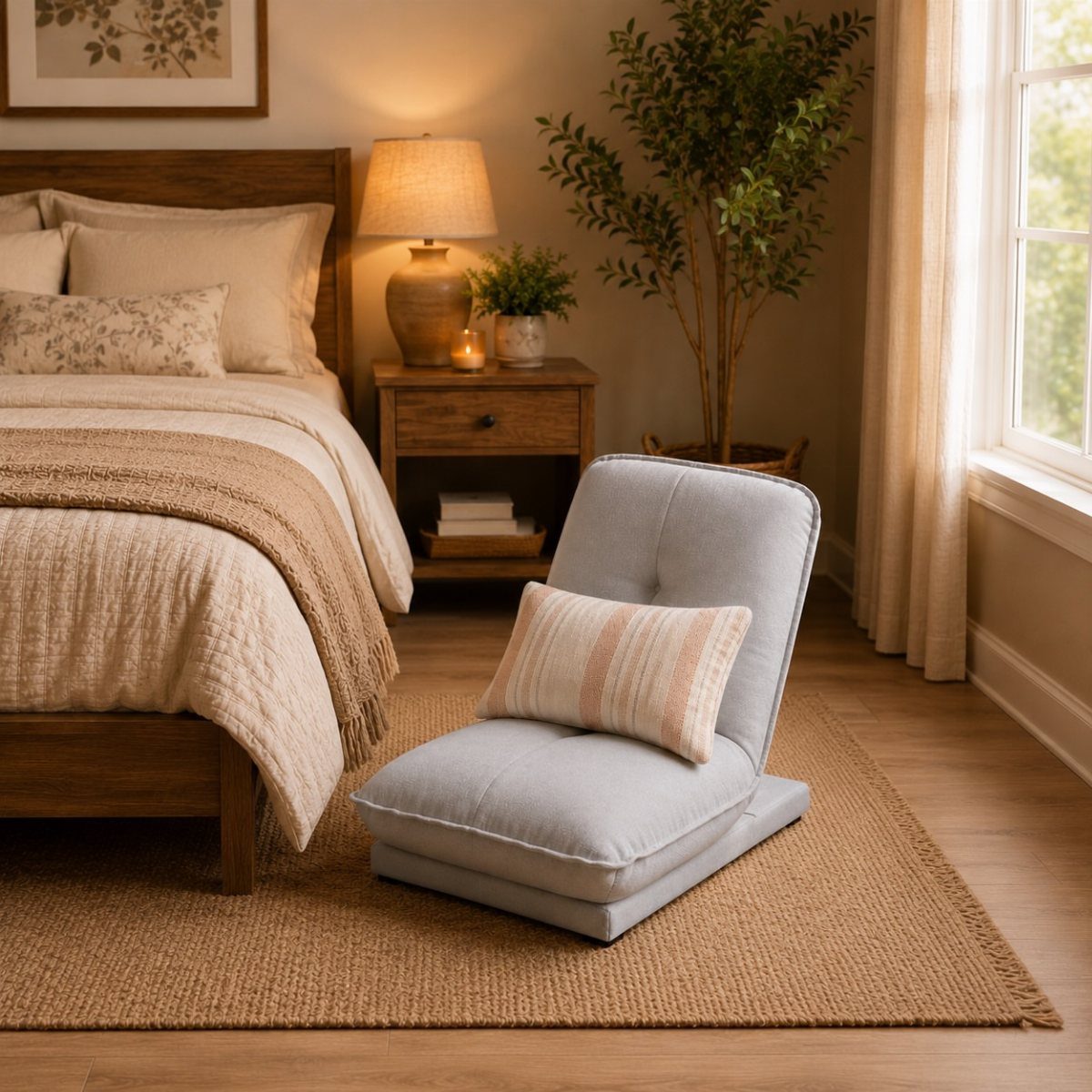 Light blue floor chair with a striped pillow in a cozy bedroom setting.