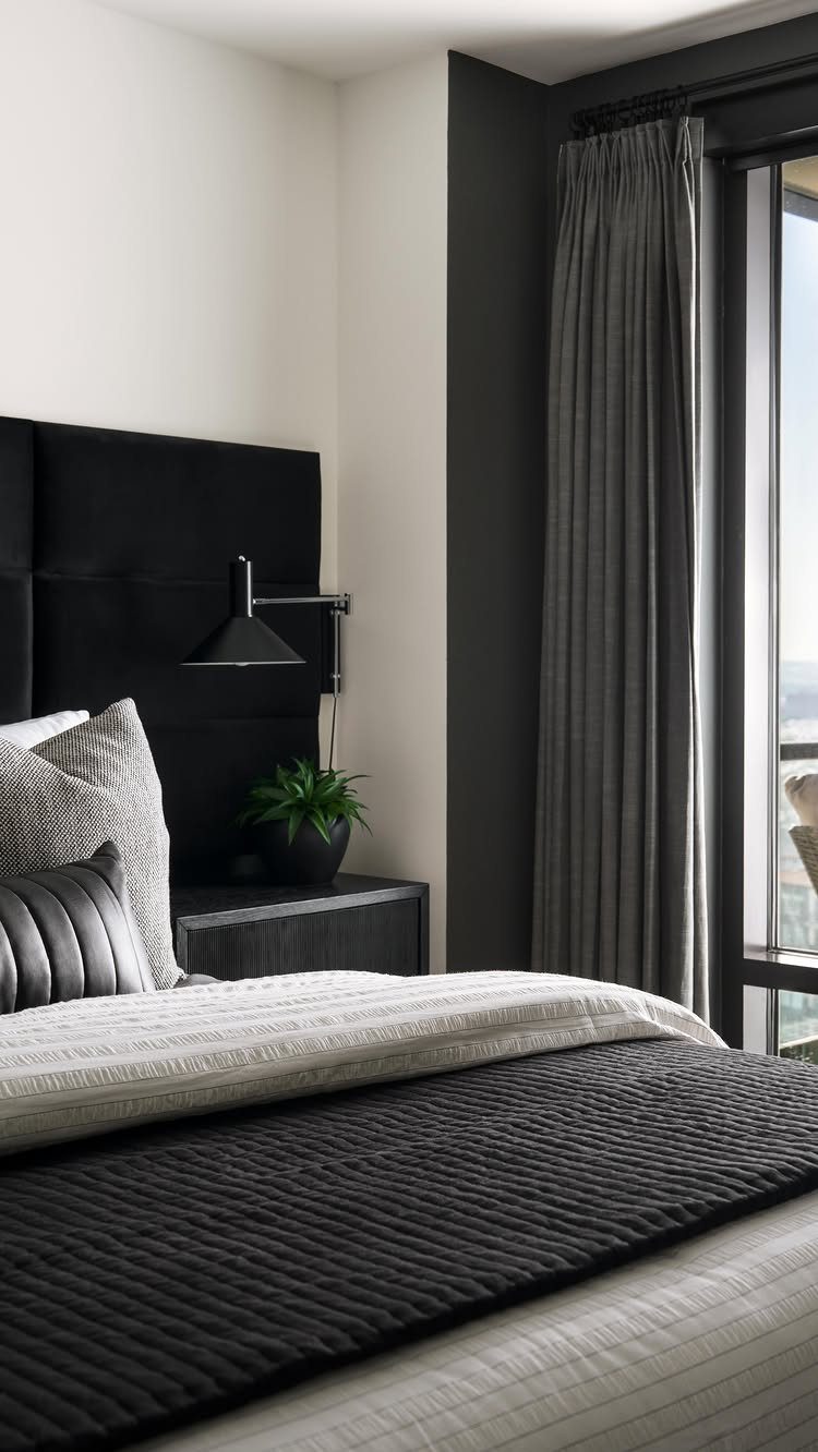 Modern bedroom with black leather headboard, grey curtains, and black quilted bed throw.