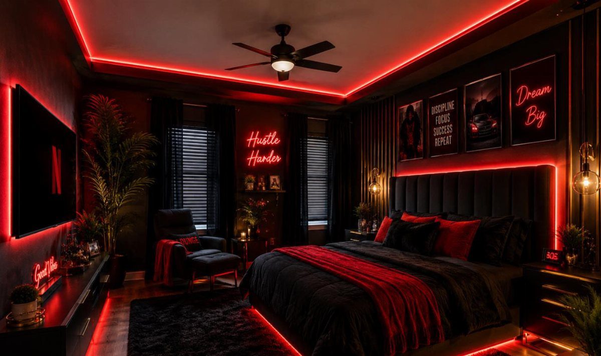 Dark bedroom with red LED strip lighting, black furniture, and neon wall signs.