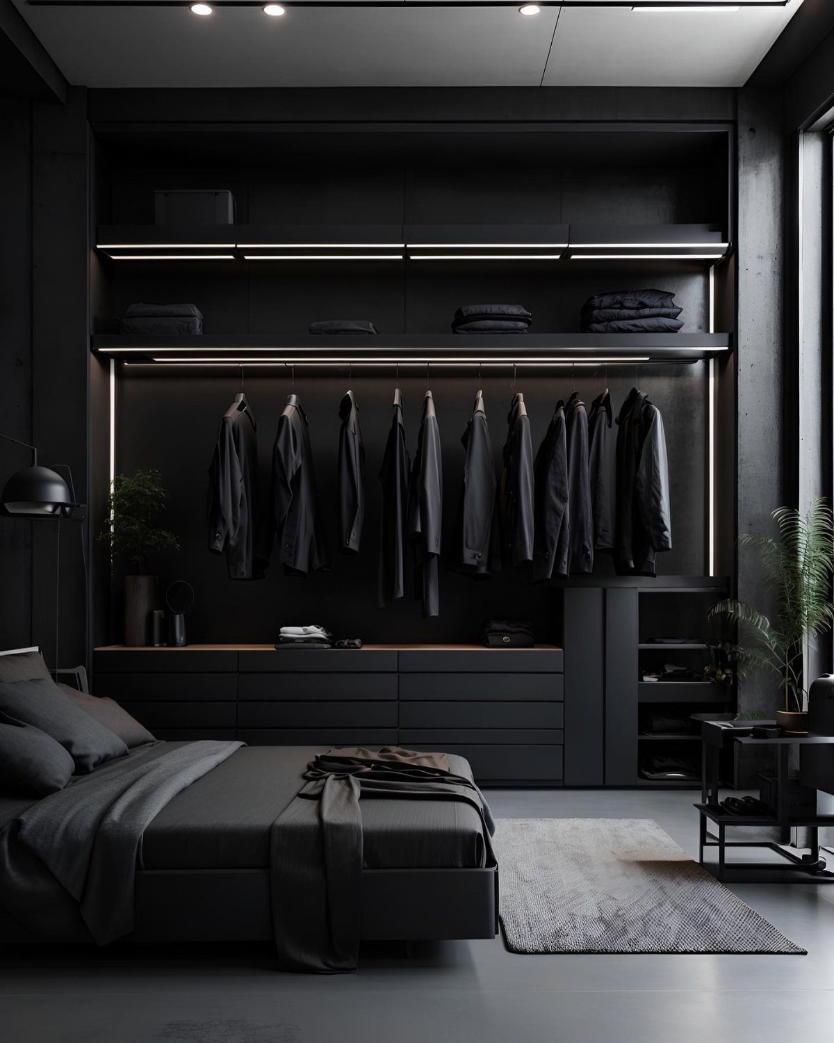 Modern dark bedroom with black wardrobe, LED lighting, and minimalist grey bedding.