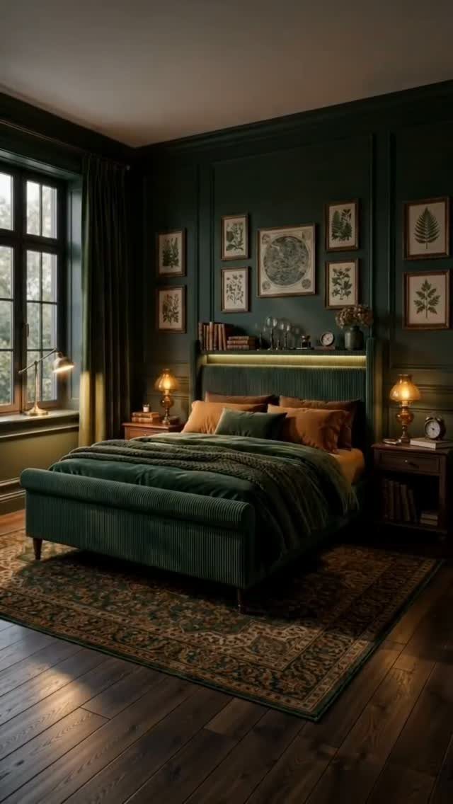 Dark green bedroom with velvet bed, paneled walls, and warm ambient lighting.