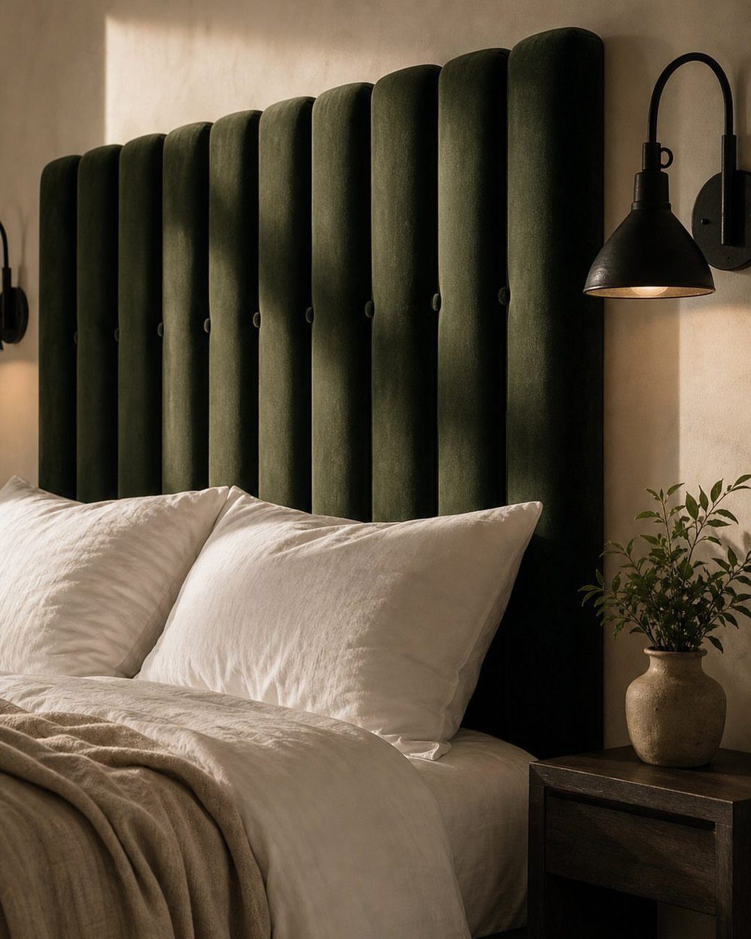 Bed with white linens and a dark green velvet channel-tufted headboard and lamp.