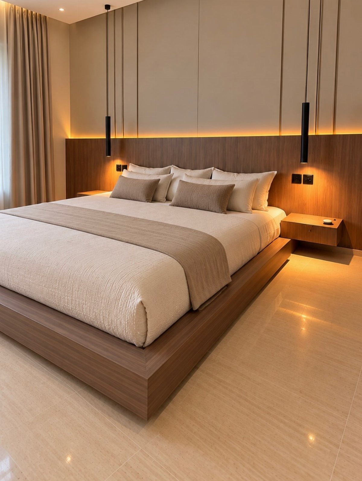 Modern bedroom with a low wooden platform bed and sleek black pendant lights.