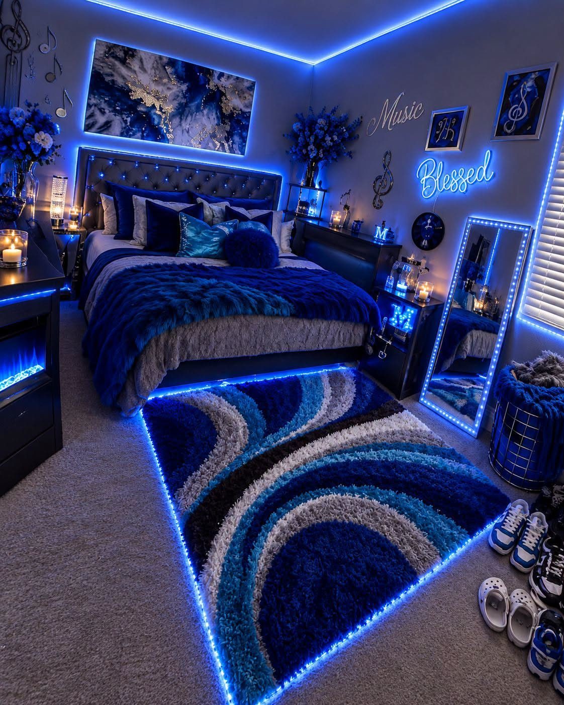 Blue patterned shag rug on a grey floor in a neon-lit bedroom.
