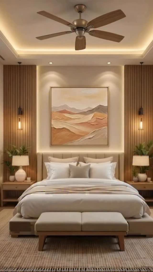 Modern bedroom with vertical walnut wood paneling, white bedding, and landscape wall art.