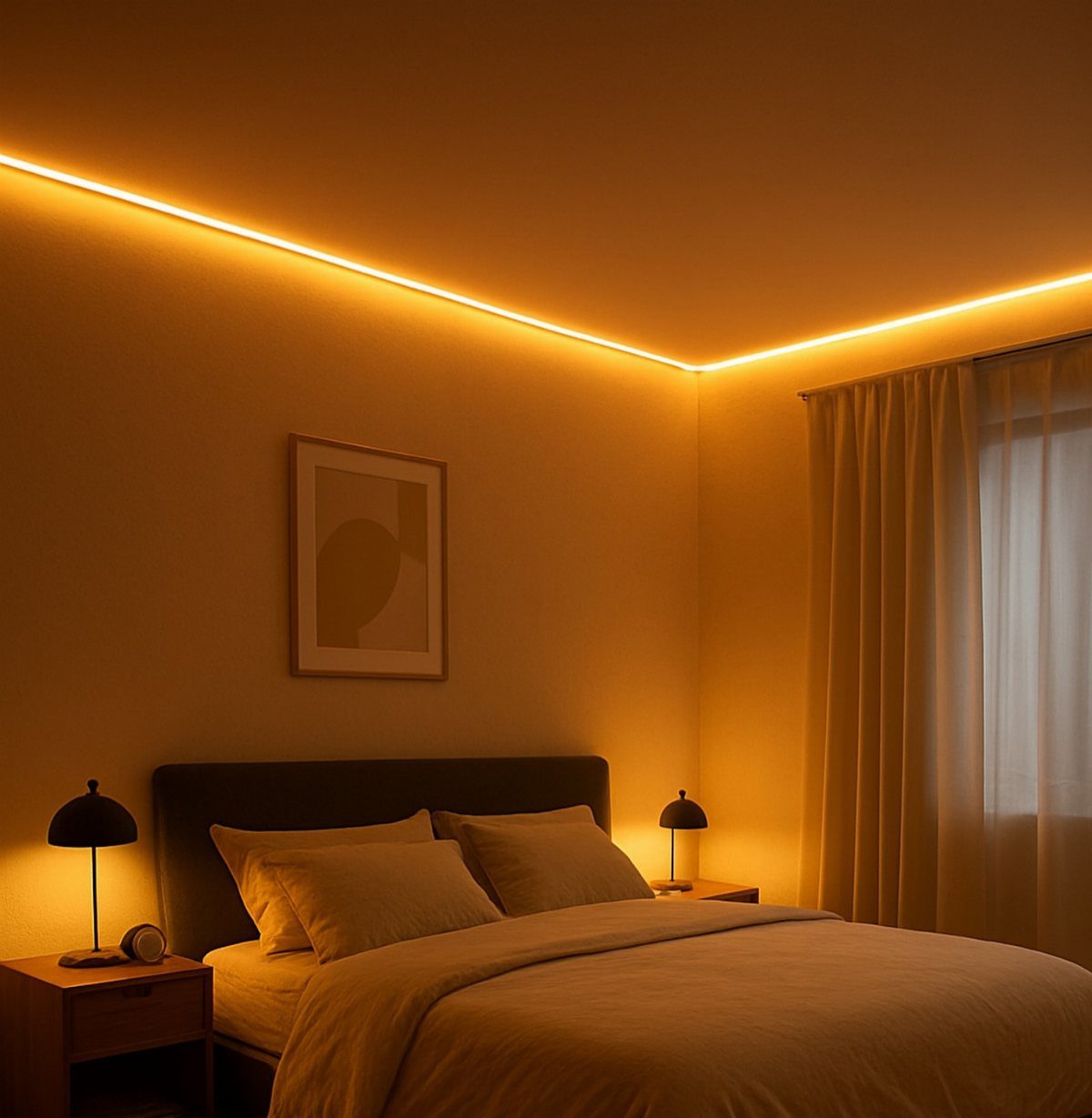 Modern bedroom with warm orange ceiling strip lighting and black bedside table lamps.