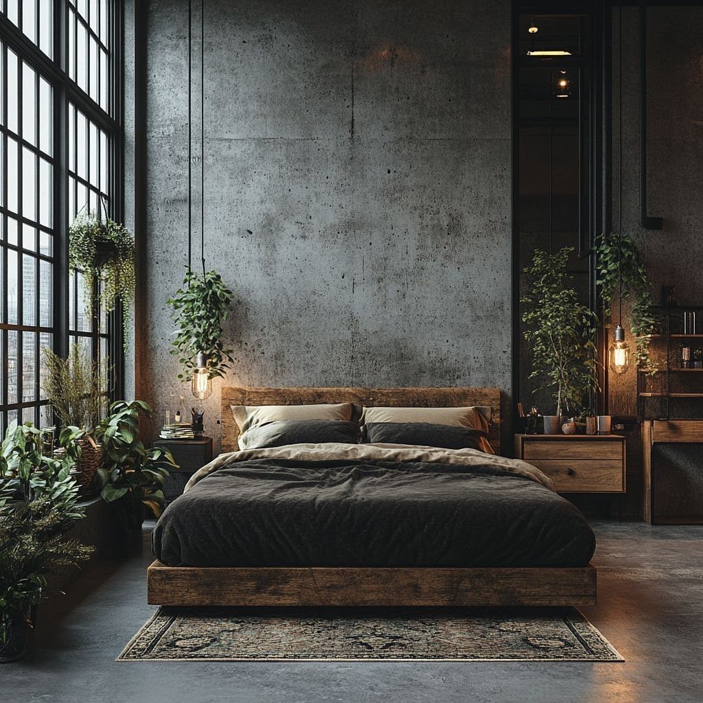 Low wooden bed with dark linens against a grey concrete wall in industrial bedroom