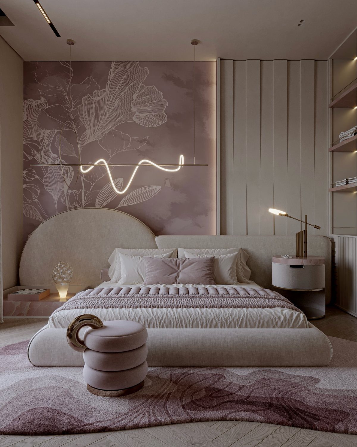 Modern bedroom with pink floral wall art, wavy neon light, and plush furniture.