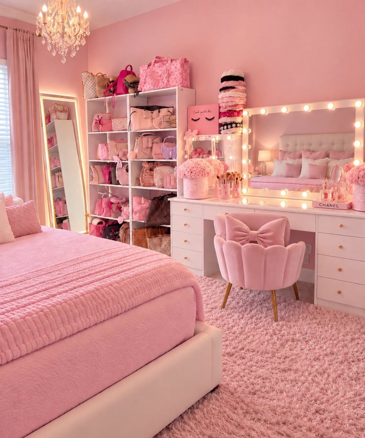 Pink bedroom with a velvet bow chair, lighted vanity, and pink accessories.