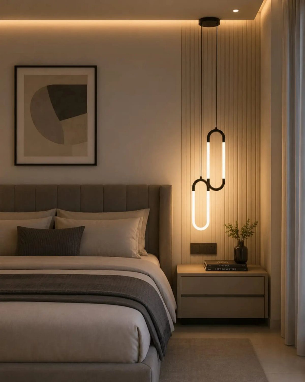 Modern bedroom with glowing oval pendant lights hanging over a minimalist nightstand